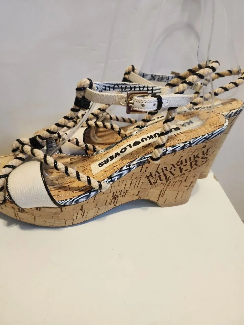 NEW Rare Y2K Harajuku Lovers Rope Strap Cork Platform Sandals Heels Sz. 7.5